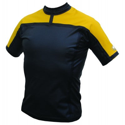 Short sleeve mens top with black torso and yellow on the arms and neck. 